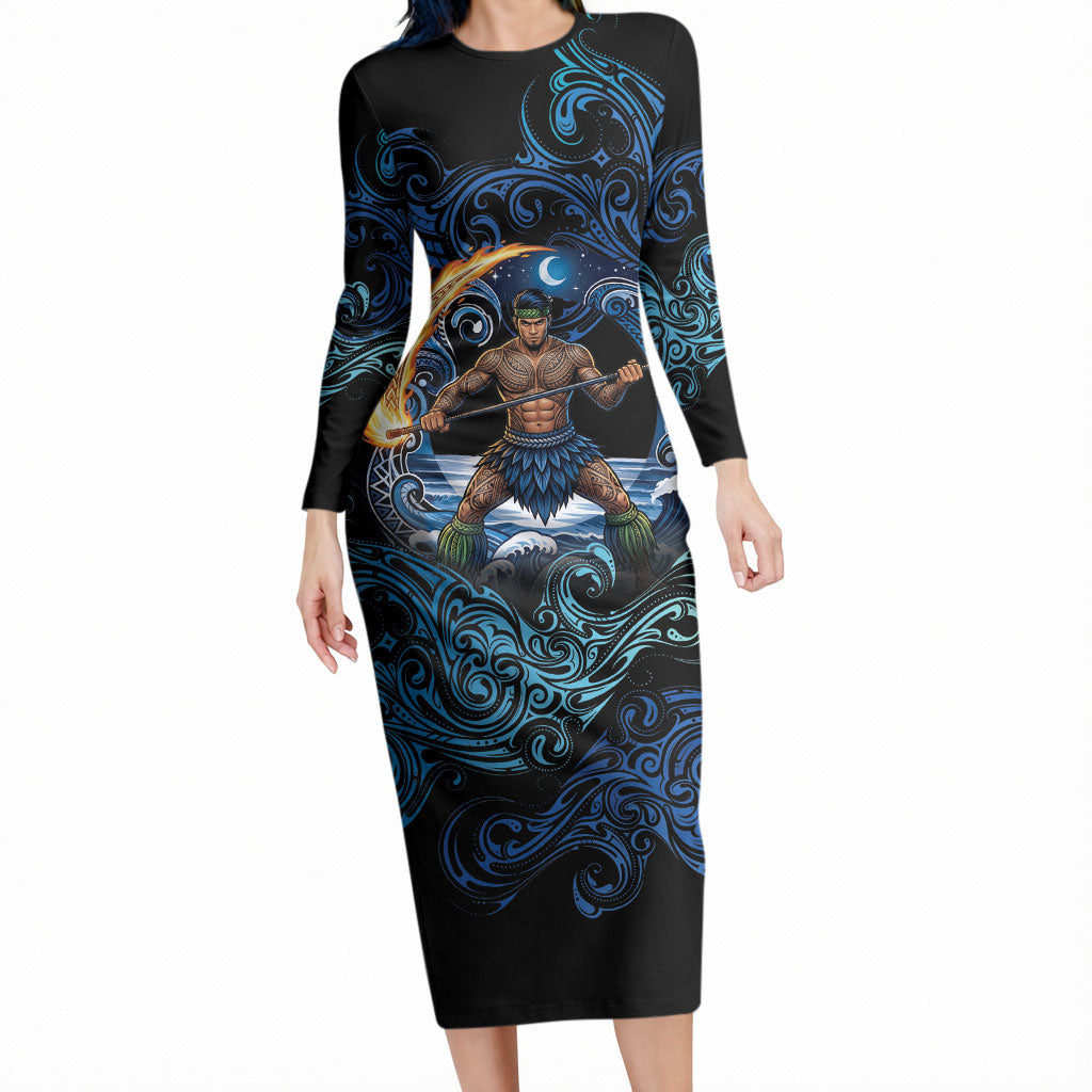 Samoa Siva Afi Long Sleeve Bodycon Dress Fireknife Fire Dance Pacific Tribal Motif