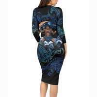Samoa Siva Afi Long Sleeve Bodycon Dress Fireknife Fire Dance Pacific Tribal Motif