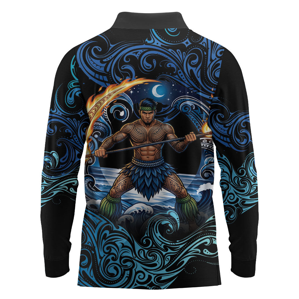 Samoa Siva Afi Long Sleeve Polo Shirt Fireknife Fire Dance Pacific Tribal Motif