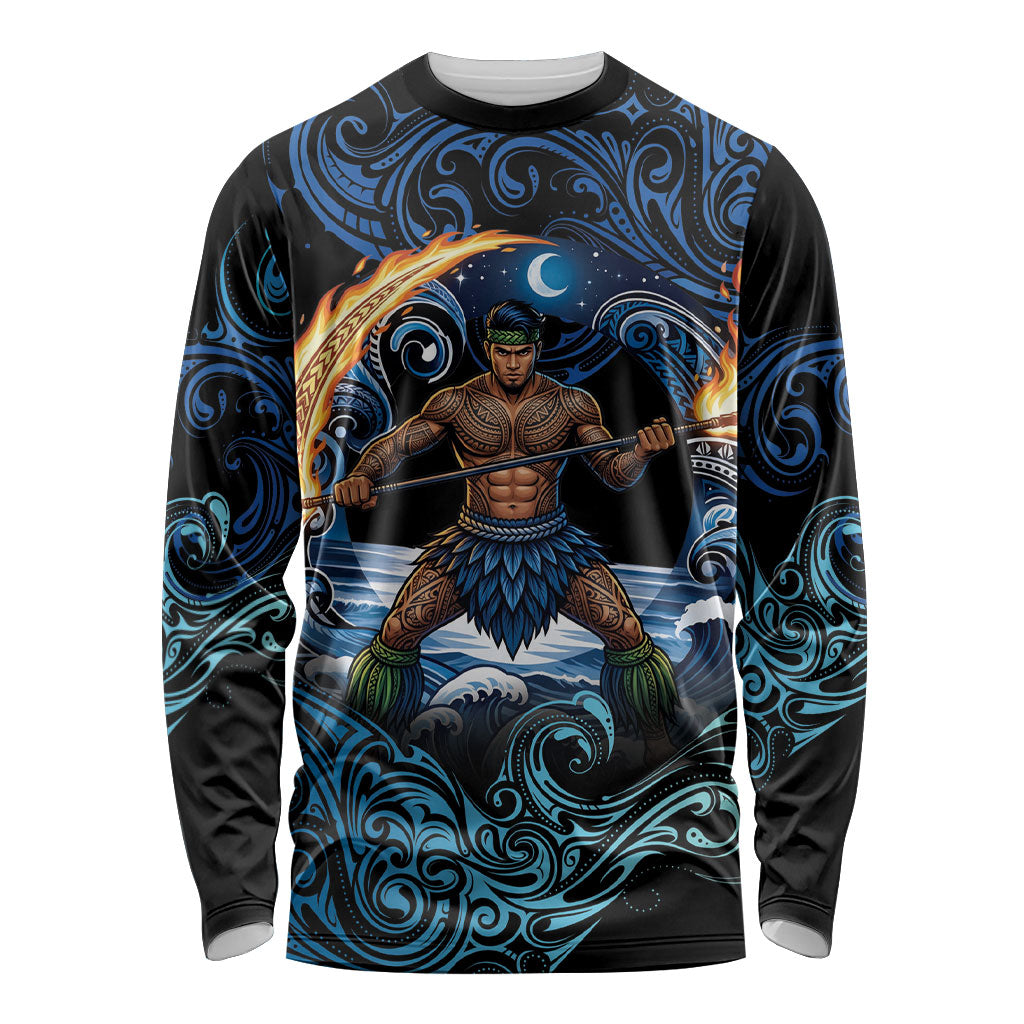 Samoa Siva Afi Long Sleeve Shirt Fireknife Fire Dance Pacific Tribal Motif LT9 Unisex Blue - Polynesian Pride
