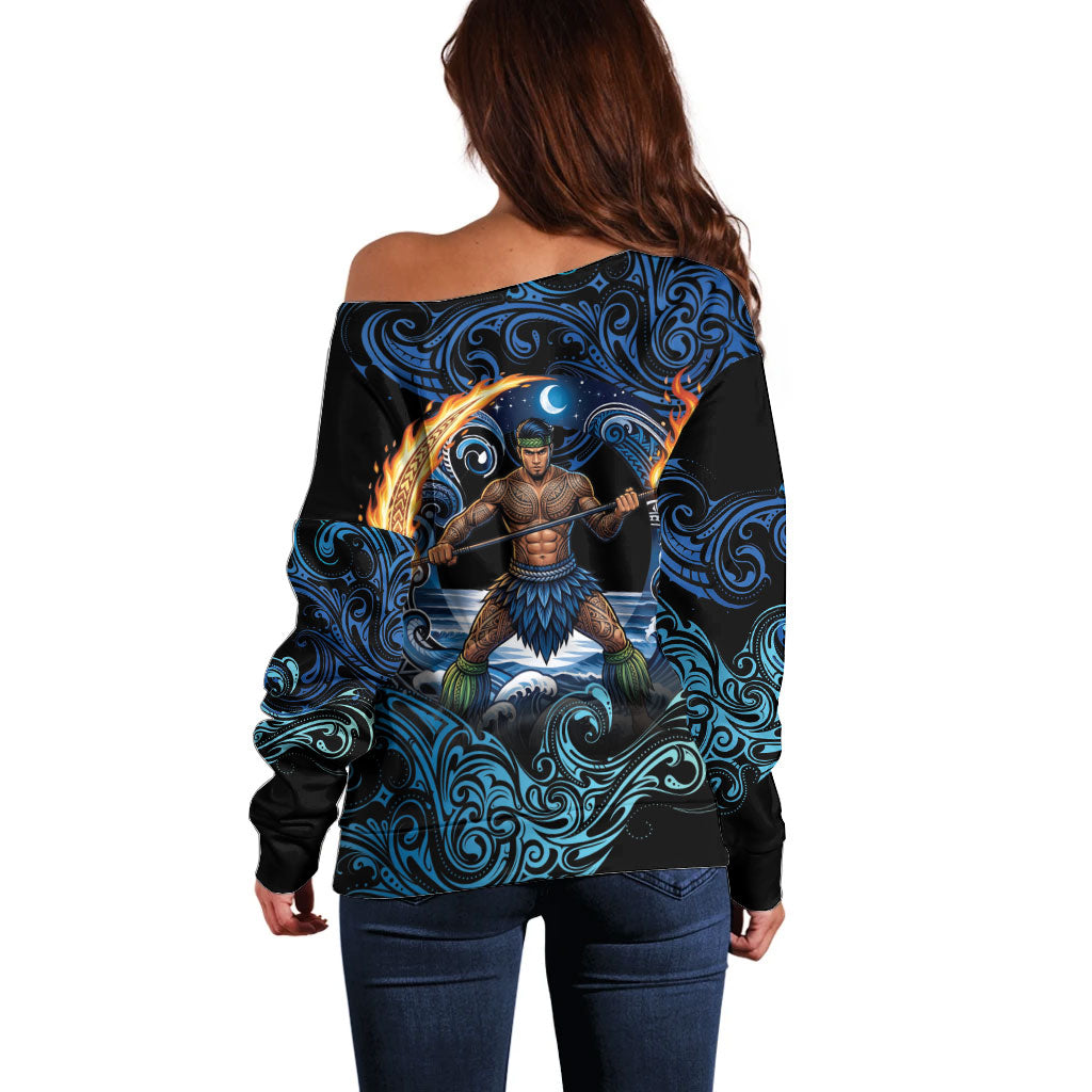 Samoa Siva Afi Off Shoulder Sweater Fireknife Fire Dance Pacific Tribal Motif