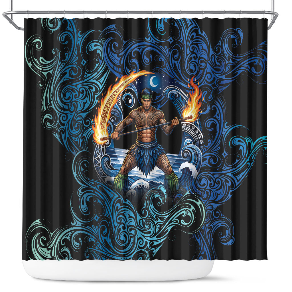 Samoa Siva Afi Shower Curtain Fireknife Fire Dance Pacific Tribal Motif LT9 Blue - Polynesian Pride
