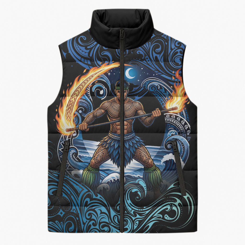 Samoa Siva Afi Sleeveless Puffer Jacket Fireknife Fire Dance Pacific Tribal Motif LT9 Unisex Blue - Polynesian Pride