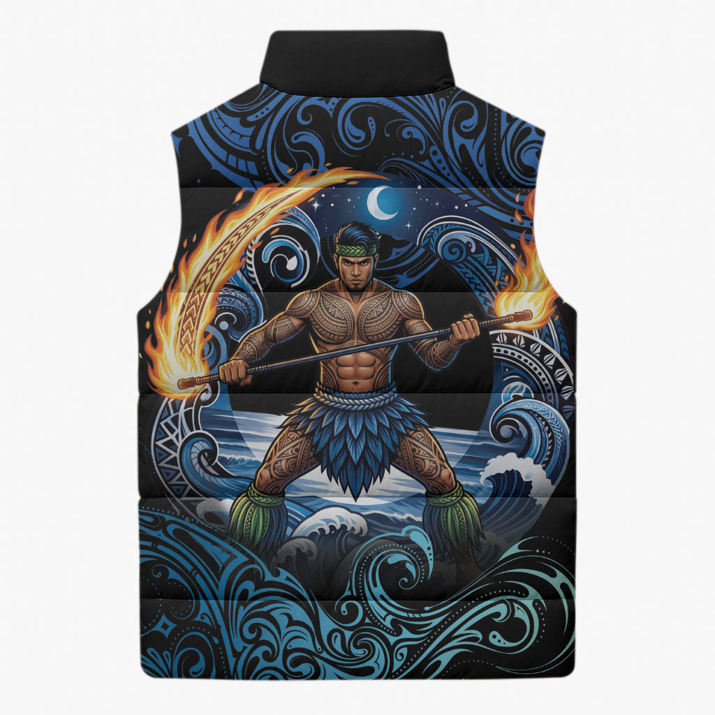 Samoa Siva Afi Sleeveless Puffer Jacket Fireknife Fire Dance Pacific Tribal Motif