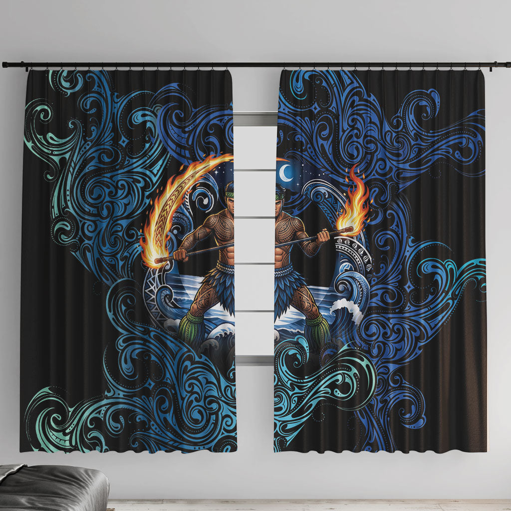 Samoa Siva Afi Window Curtain Fireknife Fire Dance Pacific Tribal Motif LT9 With Hooks Blue - Polynesian Pride