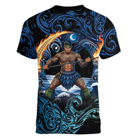 Samoa Siva Afi Women V-Neck T-Shirt Fireknife Fire Dance Pacific Tribal Motif