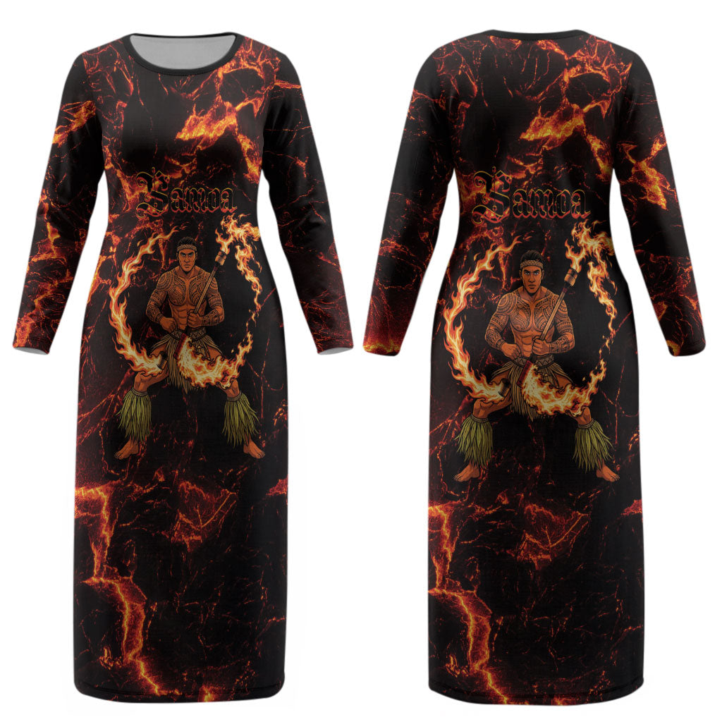 Samoa Siva Afi Dance Fireknife Couples Matching Long Sleeve Bodycon Dress and Hawaiian Shirt Polynesian Heritage Fire Dance