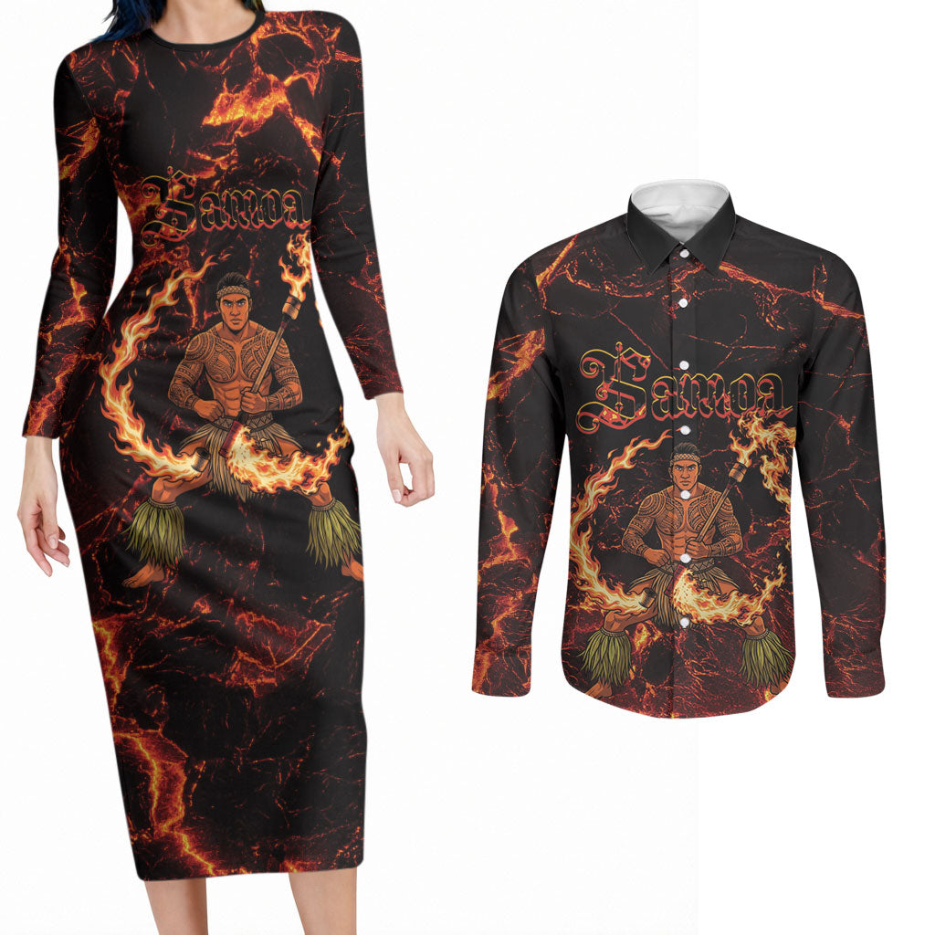 Samoa Siva Afi Dance Fireknife Couples Matching Long Sleeve Bodycon Dress and Long Sleeve Button Shirt Polynesian Heritage Fire Dance LT9 Black - Polynesian Pride