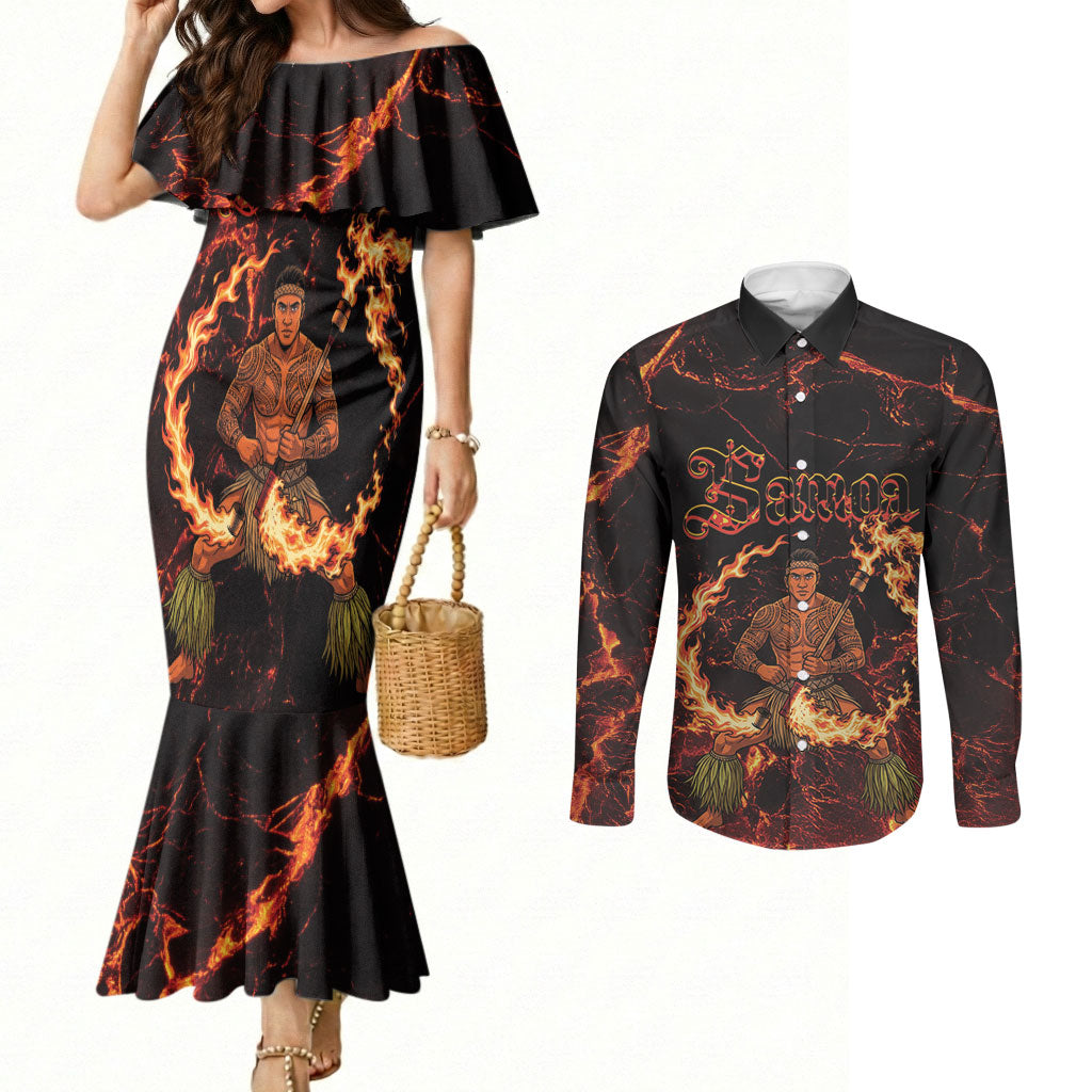 Samoa Siva Afi Dance Fireknife Couples Matching Mermaid Dress and Long Sleeve Button Shirt Polynesian Heritage Fire Dance