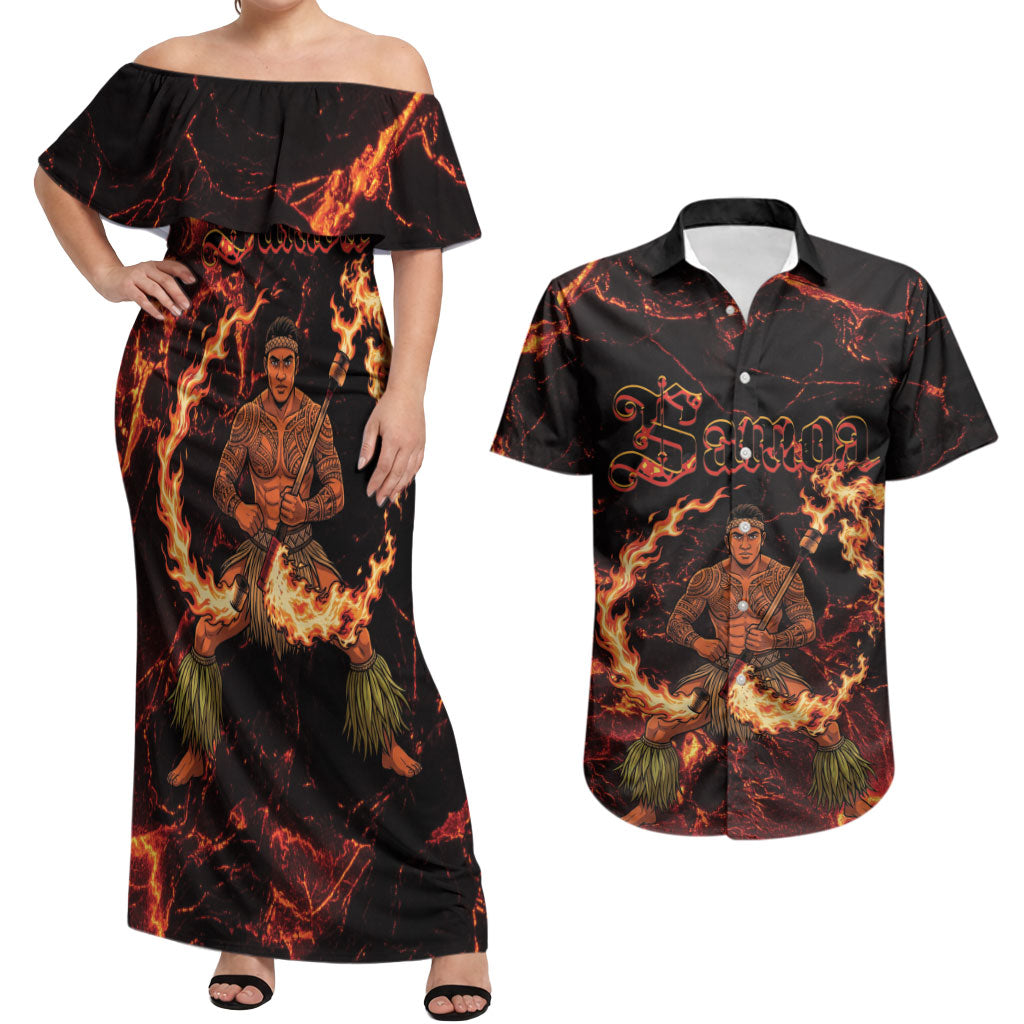 Samoa Siva Afi Dance Fireknife Couples Matching Off Shoulder Maxi Dress and Hawaiian Shirt Polynesian Heritage Fire Dance LT9 Black - Polynesian Pride