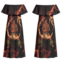 Samoa Siva Afi Dance Fireknife Couples Matching Off Shoulder Maxi Dress and Long Sleeve Button Shirt Polynesian Heritage Fire Dance