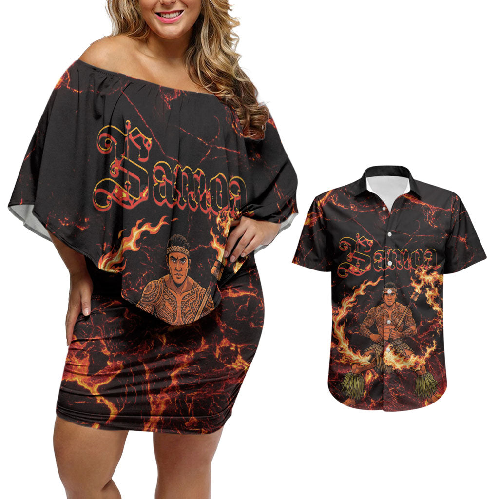 Samoa Siva Afi Dance Fireknife Couples Matching Off Shoulder Short Dress and Hawaiian Shirt Polynesian Heritage Fire Dance LT9 Black - Polynesian Pride