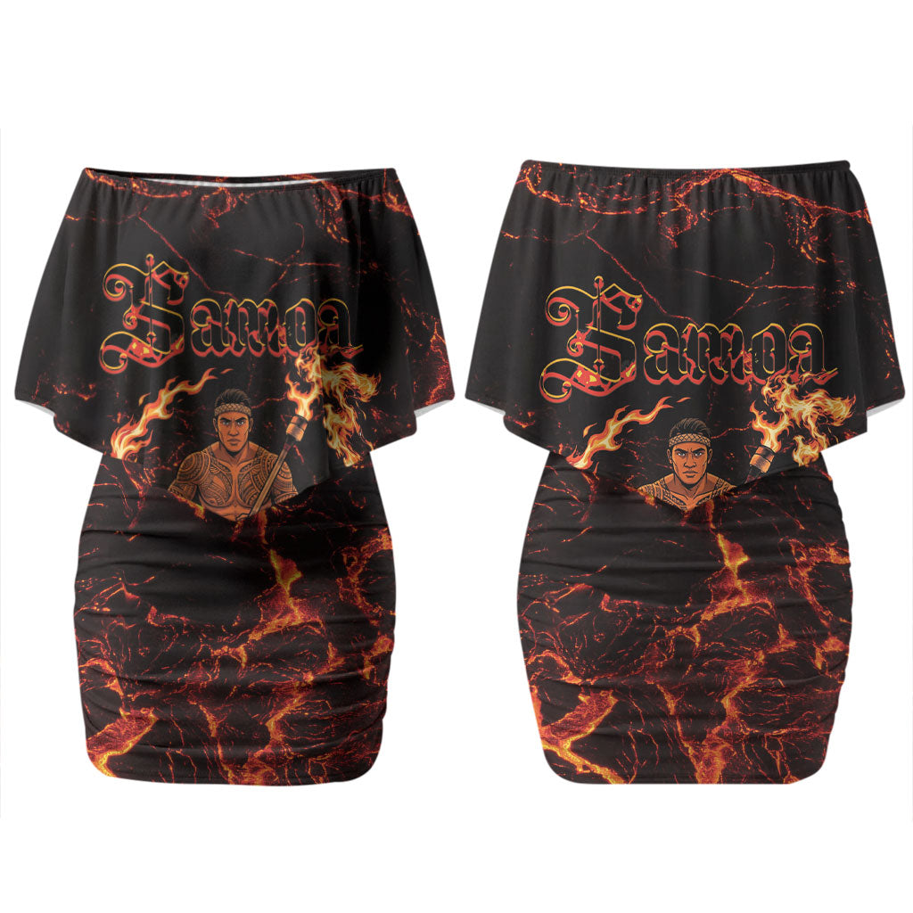 Samoa Siva Afi Dance Fireknife Couples Matching Off Shoulder Short Dress and Hawaiian Shirt Polynesian Heritage Fire Dance