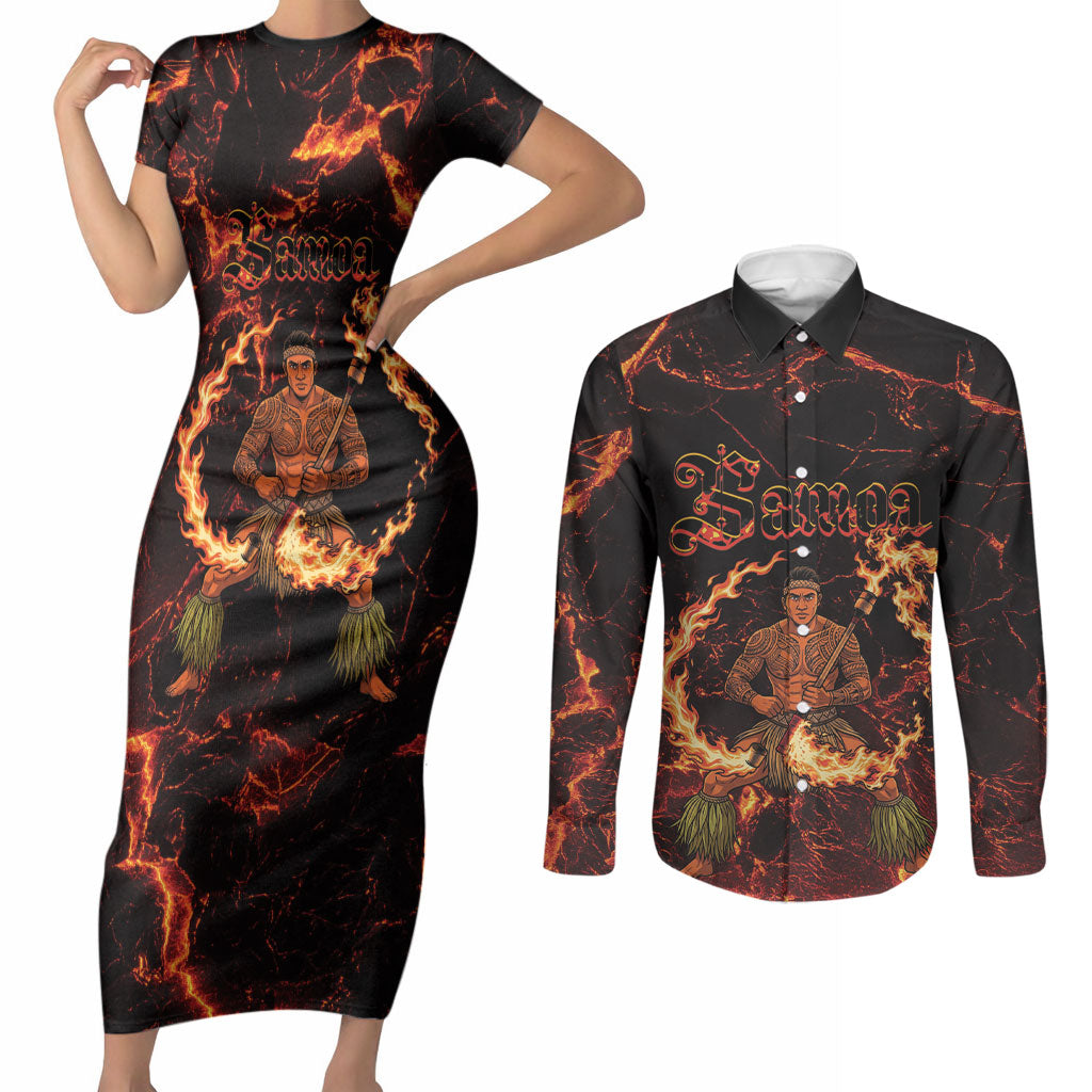 Samoa Siva Afi Dance Fireknife Couples Matching Short Sleeve Bodycon Dress and Long Sleeve Button Shirt Polynesian Heritage Fire Dance LT9 Black - Polynesian Pride