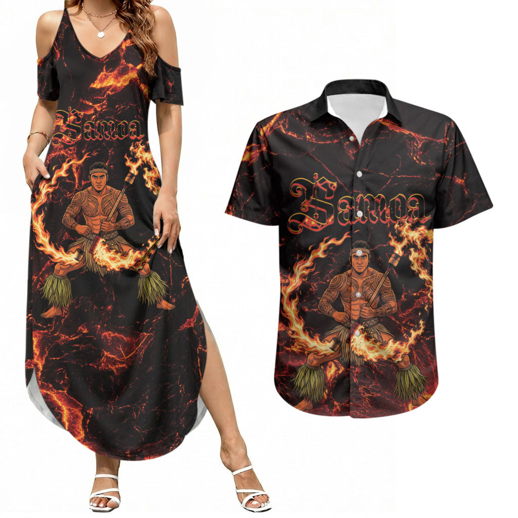 Samoa Siva Afi Dance Fireknife Couples Matching Summer Maxi Dress and Hawaiian Shirt Polynesian Heritage Fire Dance LT9 Black - Polynesian Pride