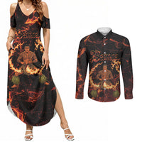 Samoa Siva Afi Dance Fireknife Couples Matching Summer Maxi Dress and Long Sleeve Button Shirt Polynesian Heritage Fire Dance