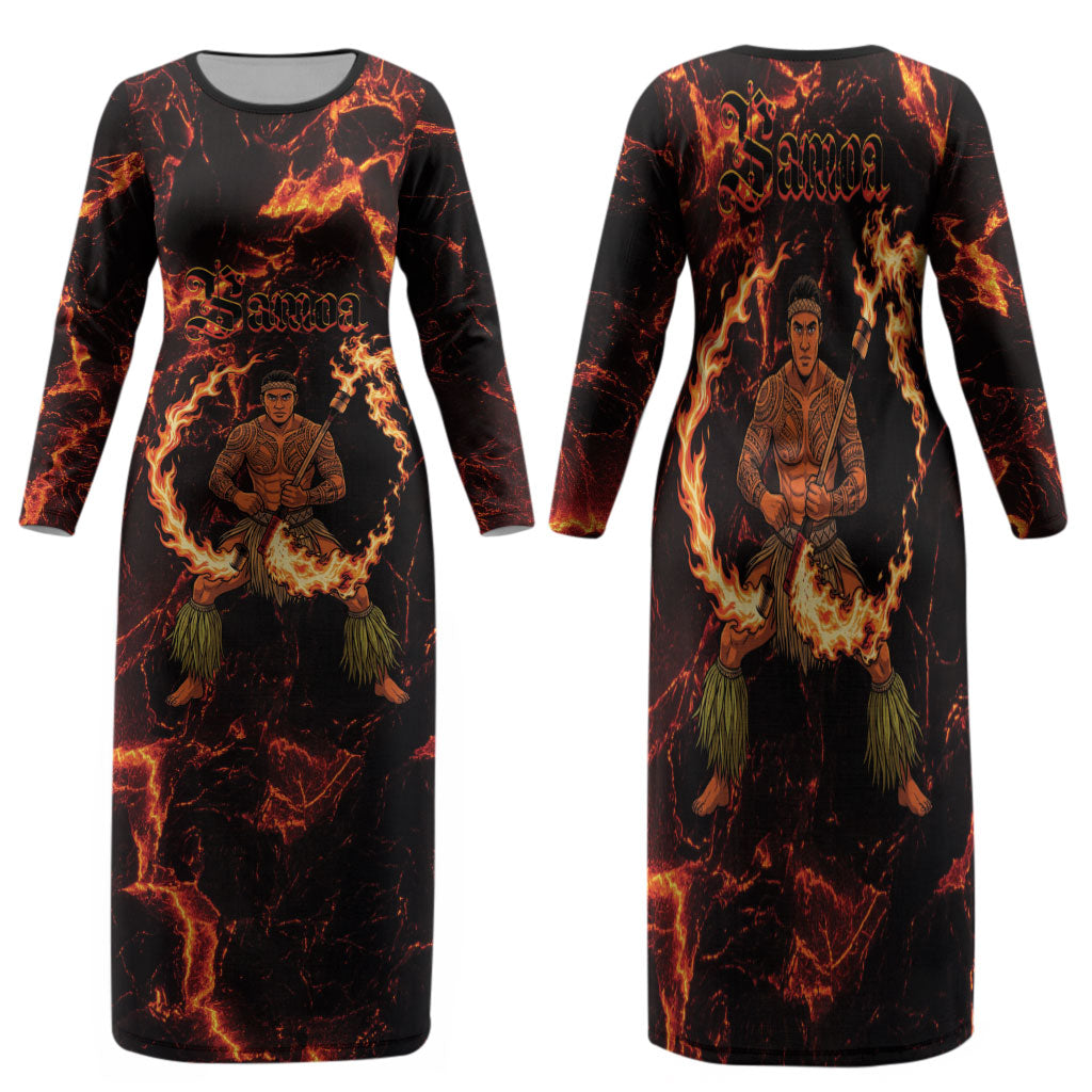Samoa Siva Afi Dance Fireknife Family Matching Long Sleeve Bodycon Dress and Hawaiian Shirt Polynesian Heritage Fire Dance