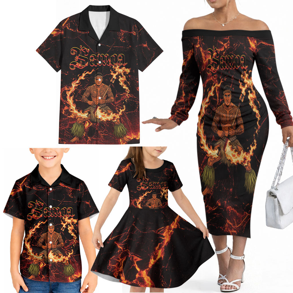Samoa Siva Afi Dance Fireknife Family Matching Off The Shoulder Long Sleeve Dress and Hawaiian Shirt Polynesian Heritage Fire Dance LT9 - Polynesian Pride