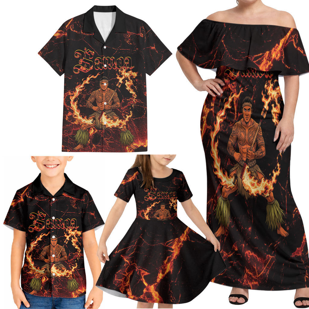 Samoa Siva Afi Dance Fireknife Family Matching Off Shoulder Maxi Dress and Hawaiian Shirt Polynesian Heritage Fire Dance LT9 - Polynesian Pride