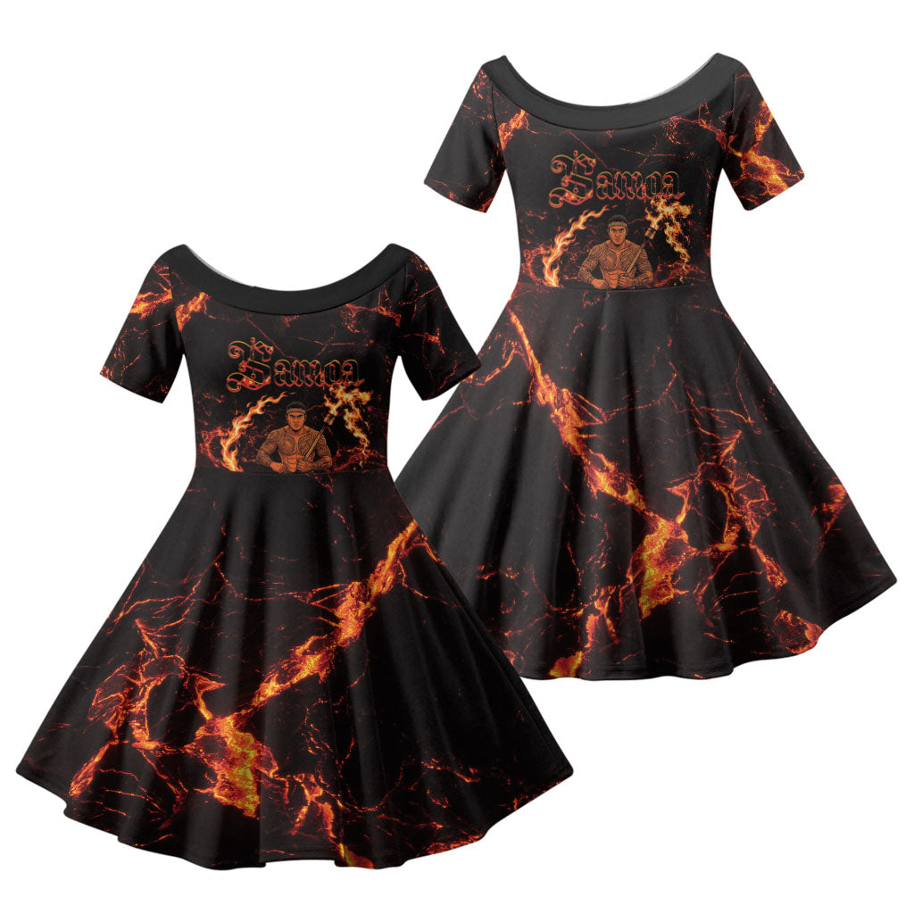 Samoa Siva Afi Dance Fireknife Family Matching Off Shoulder Short Dress and Hawaiian Shirt Polynesian Heritage Fire Dance