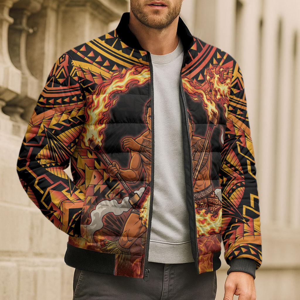 Samoa Siva Afi Dance Fireknife Bomber Puffer Jacket Samoan Tribal Motif Dancing in the Fire