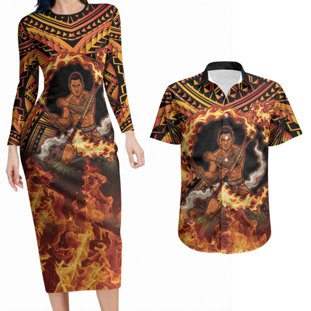 Samoa Siva Afi Dance Fireknife Couples Matching Long Sleeve Bodycon Dress and Hawaiian Shirt Samoan Tribal Motif Dancing in the Fire