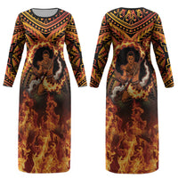 Samoa Siva Afi Dance Fireknife Couples Matching Long Sleeve Bodycon Dress and Hawaiian Shirt Samoan Tribal Motif Dancing in the Fire