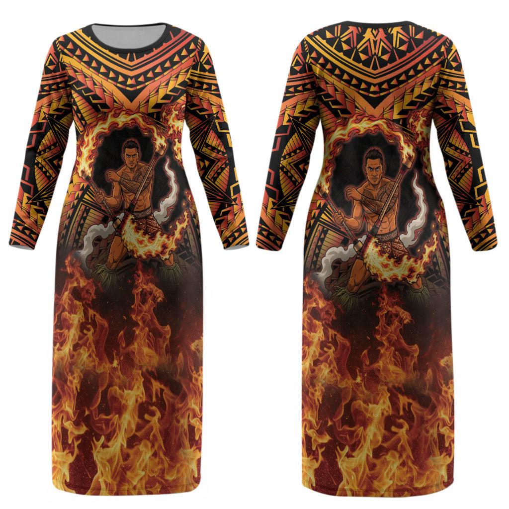 Samoa Siva Afi Dance Fireknife Couples Matching Long Sleeve Bodycon Dress and Long Sleeve Button Shirt Samoan Tribal Motif Dancing in the Fire