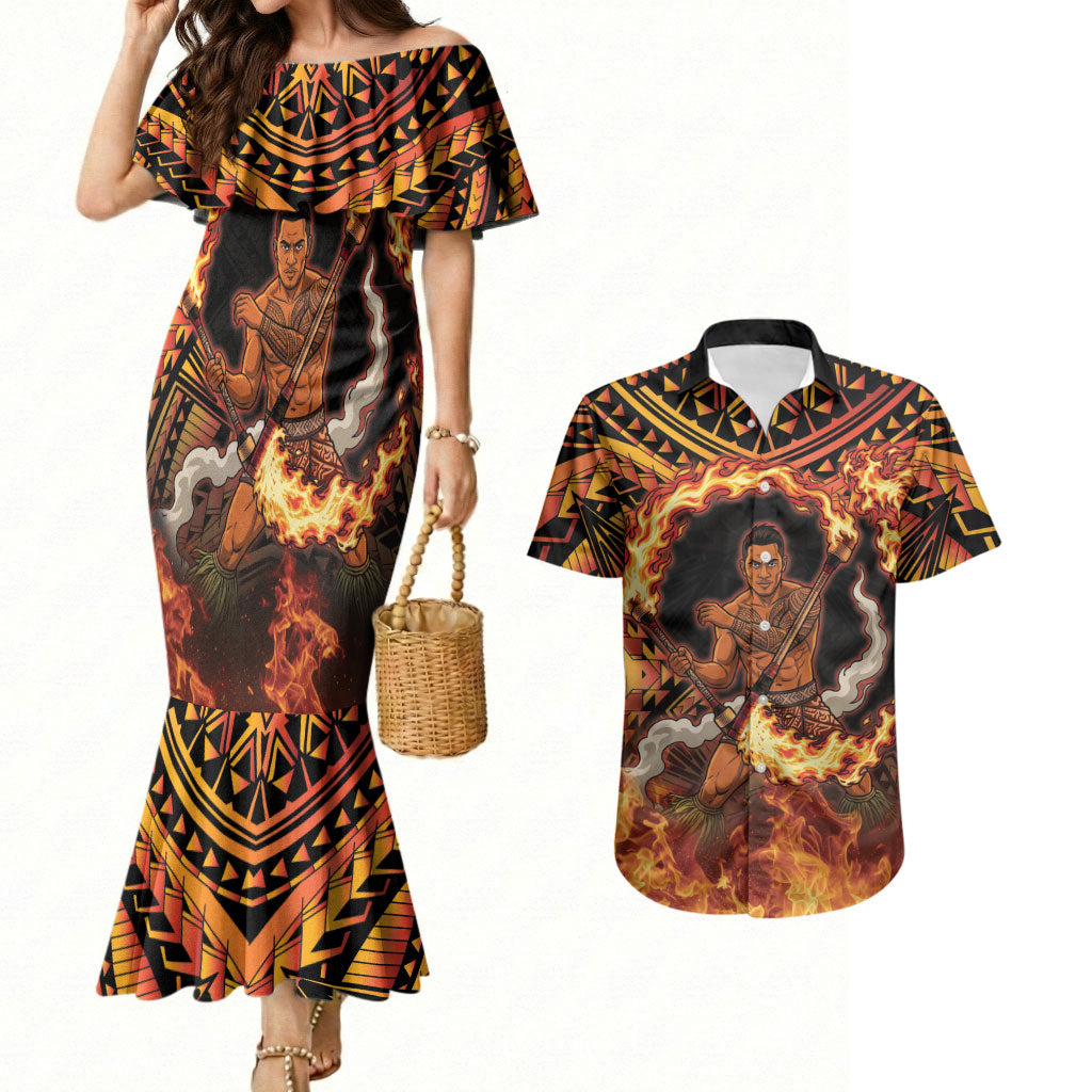 Samoa Siva Afi Dance Fireknife Couples Matching Mermaid Dress and Hawaiian Shirt Samoan Tribal Motif Dancing in the Fire LT9 Red - Polynesian Pride