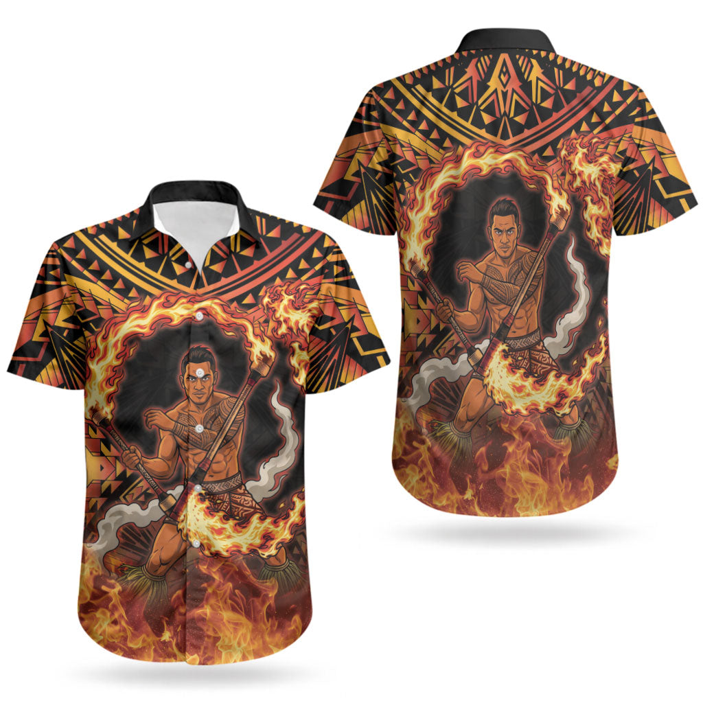 Samoa Siva Afi Dance Fireknife Couples Matching Mermaid Dress and Hawaiian Shirt Samoan Tribal Motif Dancing in the Fire