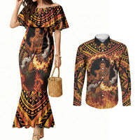 Samoa Siva Afi Dance Fireknife Couples Matching Mermaid Dress and Long Sleeve Button Shirt Samoan Tribal Motif Dancing in the Fire