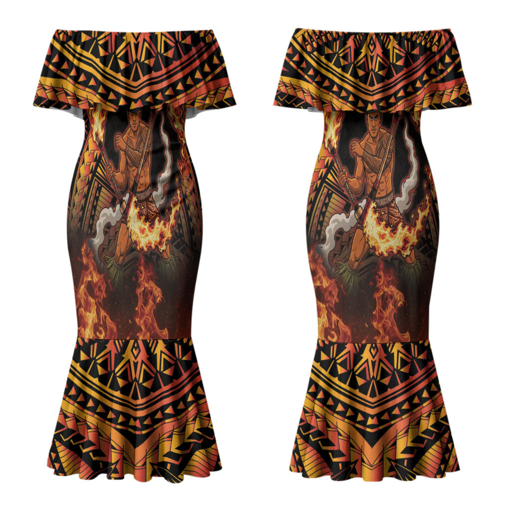 Samoa Siva Afi Dance Fireknife Couples Matching Mermaid Dress and Long Sleeve Button Shirt Samoan Tribal Motif Dancing in the Fire