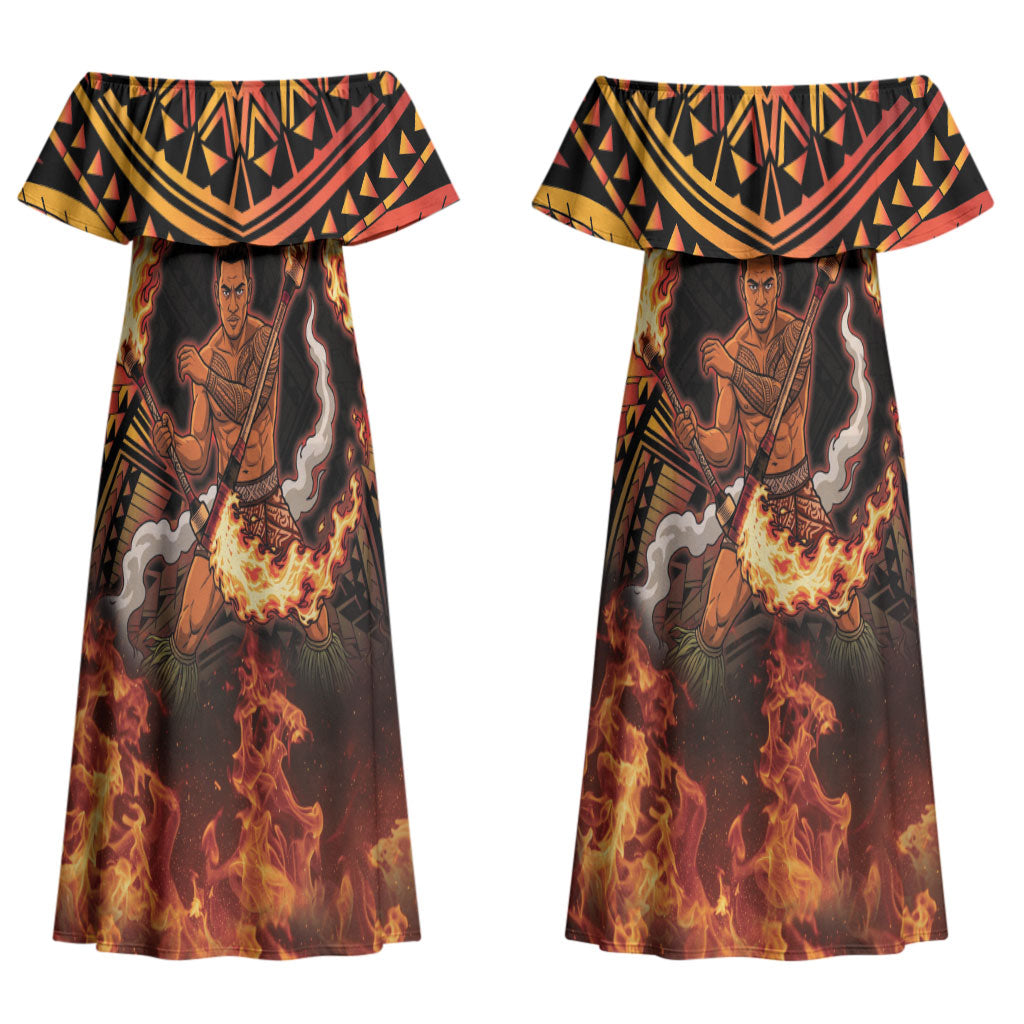 Samoa Siva Afi Dance Fireknife Couples Matching Off Shoulder Maxi Dress and Hawaiian Shirt Samoan Tribal Motif Dancing in the Fire