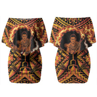Samoa Siva Afi Dance Fireknife Couples Matching Off Shoulder Short Dress and Long Sleeve Button Shirt Samoan Tribal Motif Dancing in the Fire