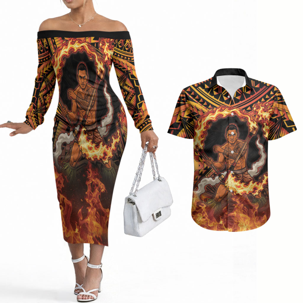 Samoa Siva Afi Dance Fireknife Couples Matching Off The Shoulder Long Sleeve Dress and Hawaiian Shirt Samoan Tribal Motif Dancing in the Fire LT9 Red - Polynesian Pride