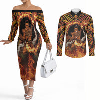 Samoa Siva Afi Dance Fireknife Couples Matching Off The Shoulder Long Sleeve Dress and Long Sleeve Button Shirt Samoan Tribal Motif Dancing in the Fire