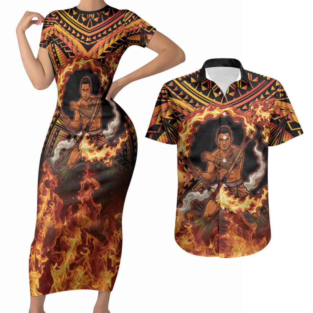 Samoa Siva Afi Dance Fireknife Couples Matching Short Sleeve Bodycon Dress and Hawaiian Shirt Samoan Tribal Motif Dancing in the Fire LT9 Red - Polynesian Pride