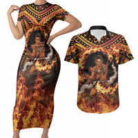Samoa Siva Afi Dance Fireknife Couples Matching Short Sleeve Bodycon Dress and Hawaiian Shirt Samoan Tribal Motif Dancing in the Fire