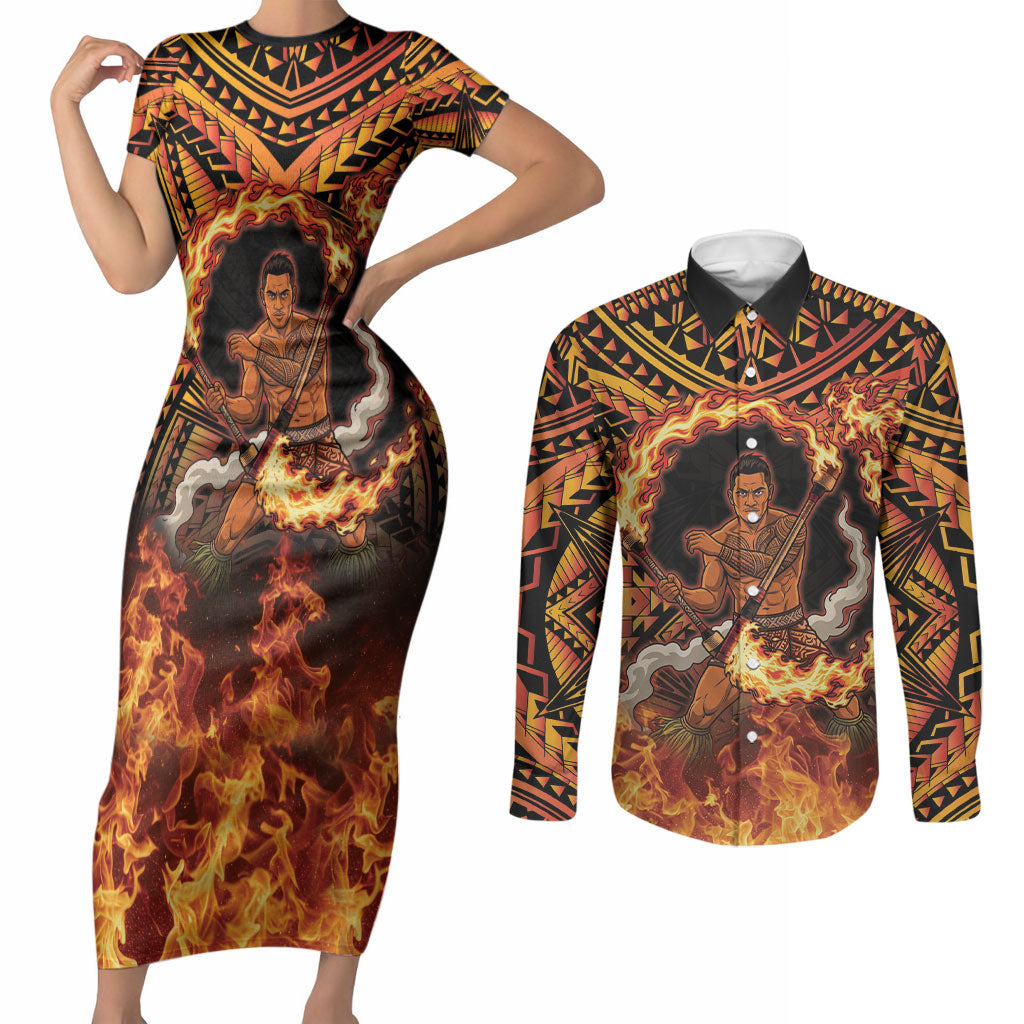 Samoa Siva Afi Dance Fireknife Couples Matching Short Sleeve Bodycon Dress and Long Sleeve Button Shirt Samoan Tribal Motif Dancing in the Fire