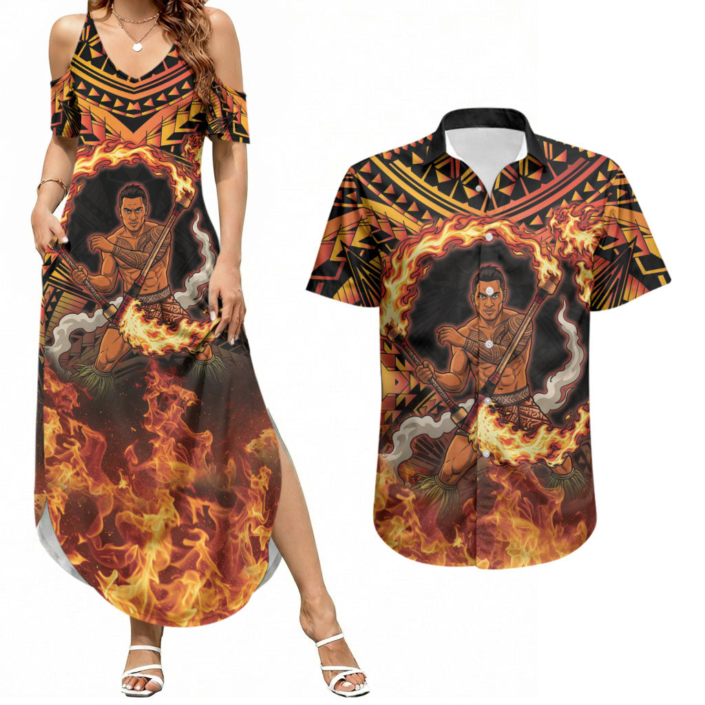 Samoa Siva Afi Dance Fireknife Couples Matching Summer Maxi Dress and Hawaiian Shirt Samoan Tribal Motif Dancing in the Fire LT9 Red - Polynesian Pride