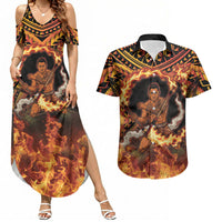 Samoa Siva Afi Dance Fireknife Couples Matching Summer Maxi Dress and Hawaiian Shirt Samoan Tribal Motif Dancing in the Fire