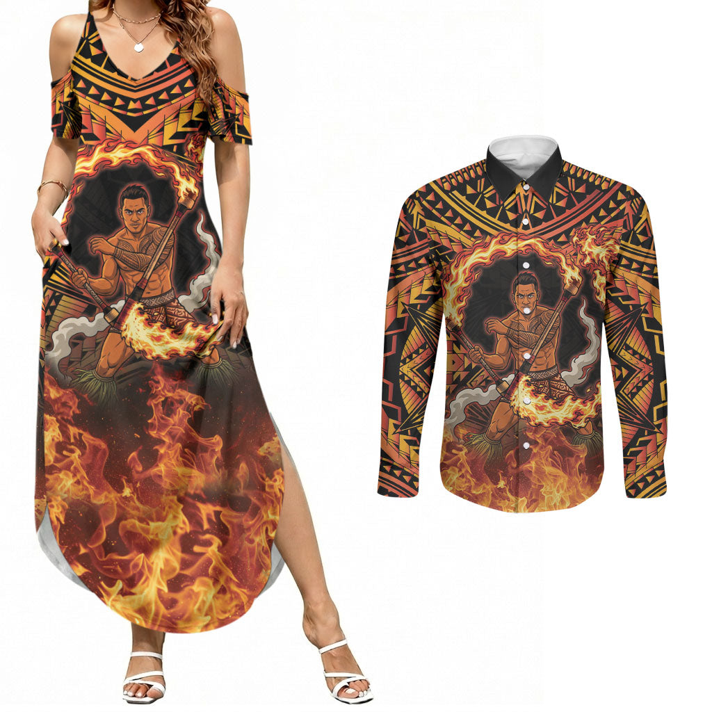 Samoa Siva Afi Dance Fireknife Couples Matching Summer Maxi Dress and Long Sleeve Button Shirt Samoan Tribal Motif Dancing in the Fire LT9 Red - Polynesian Pride