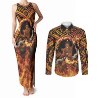 Samoa Siva Afi Dance Fireknife Couples Matching Tank Maxi Dress and Long Sleeve Button Shirt Samoan Tribal Motif Dancing in the Fire