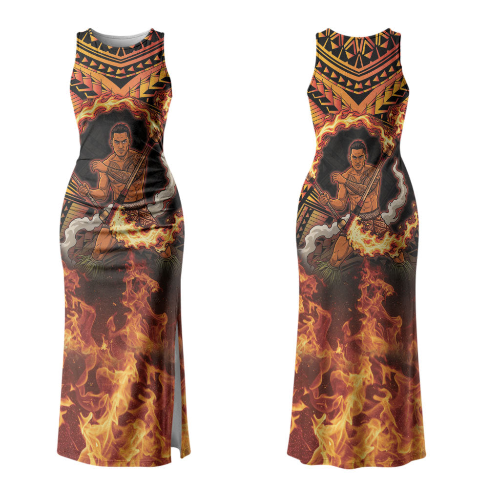 Samoa Siva Afi Dance Fireknife Couples Matching Tank Maxi Dress and Long Sleeve Button Shirt Samoan Tribal Motif Dancing in the Fire