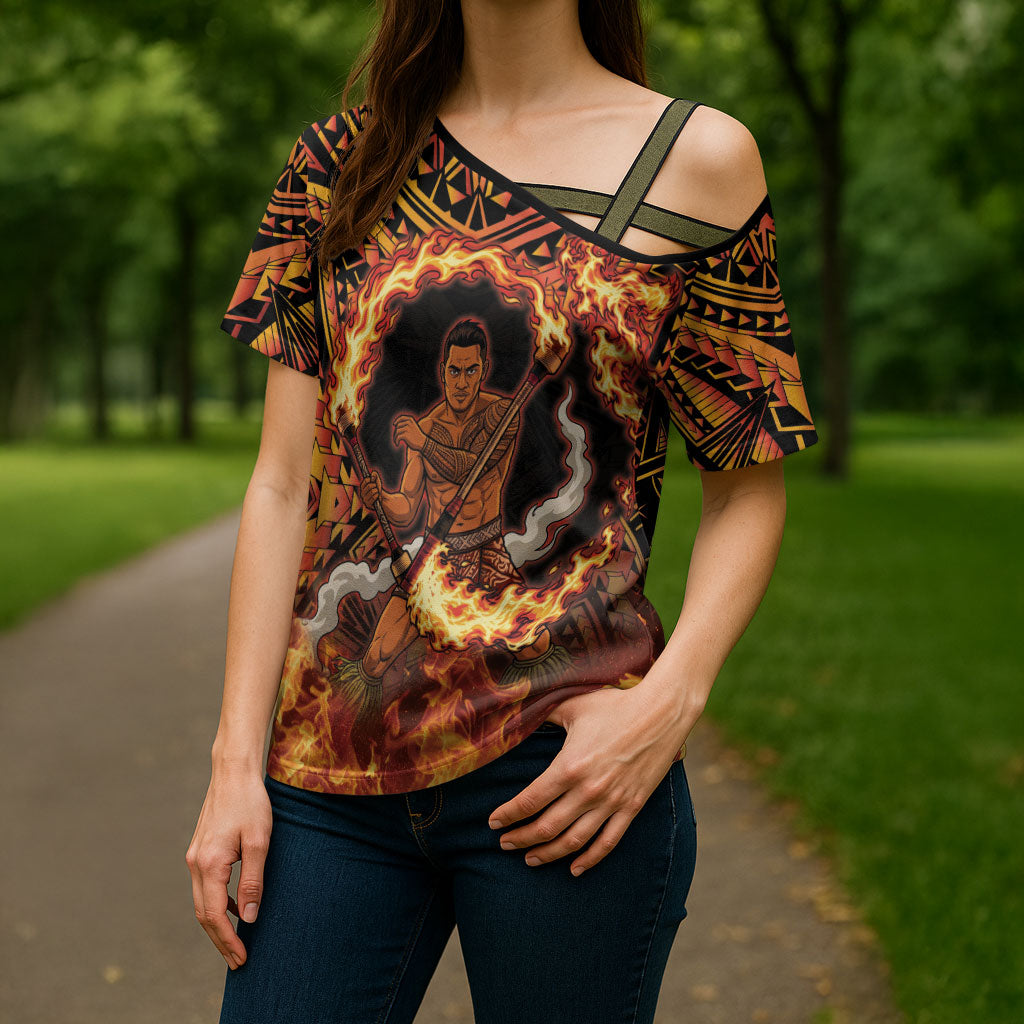 Samoa Siva Afi Dance Fireknife Cross Shoulder Shirt Samoan Tribal Motif Dancing in the Fire