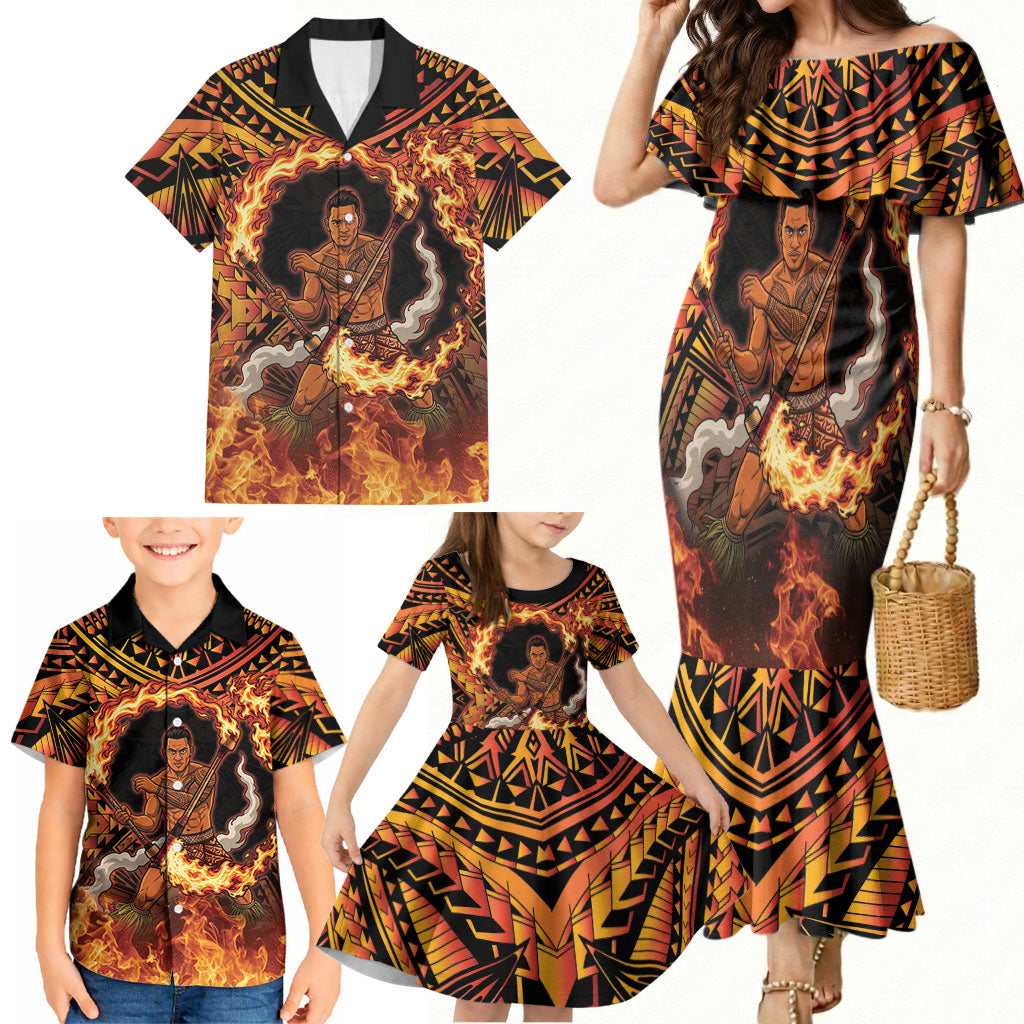 Samoa Siva Afi Dance Fireknife Family Matching Mermaid Dress and Hawaiian Shirt Samoan Tribal Motif Dancing in the Fire