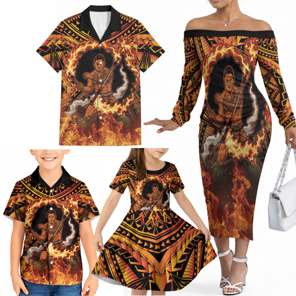 Samoa Siva Afi Dance Fireknife Family Matching Off The Shoulder Long Sleeve Dress and Hawaiian Shirt Samoan Tribal Motif Dancing in the Fire LT9 - Polynesian Pride