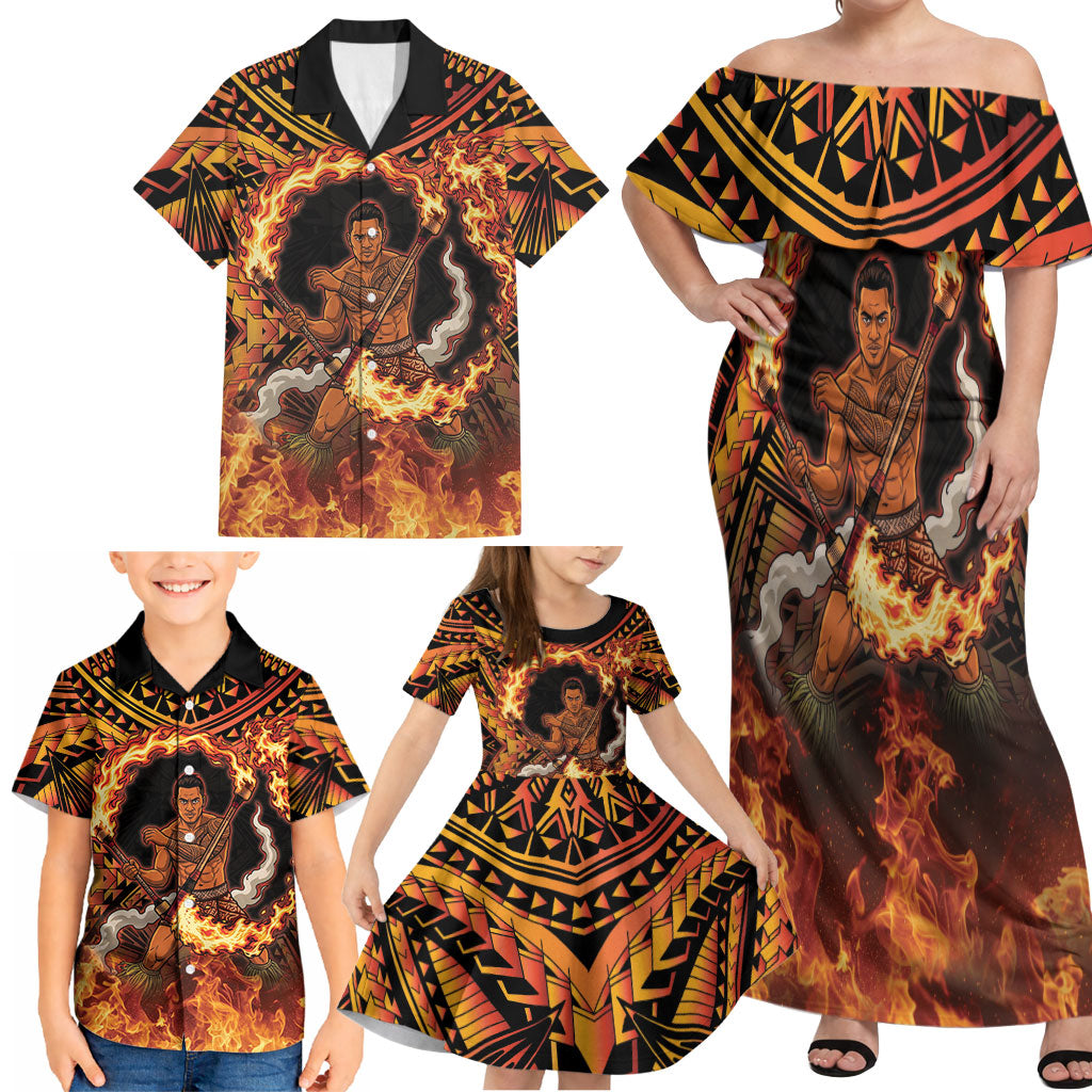 Samoa Siva Afi Dance Fireknife Family Matching Off Shoulder Maxi Dress and Hawaiian Shirt Samoan Tribal Motif Dancing in the Fire LT9 - Polynesian Pride