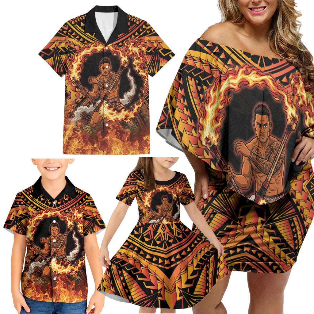 Samoa Siva Afi Dance Fireknife Family Matching Off Shoulder Short Dress and Hawaiian Shirt Samoan Tribal Motif Dancing in the Fire LT9 - Polynesian Pride