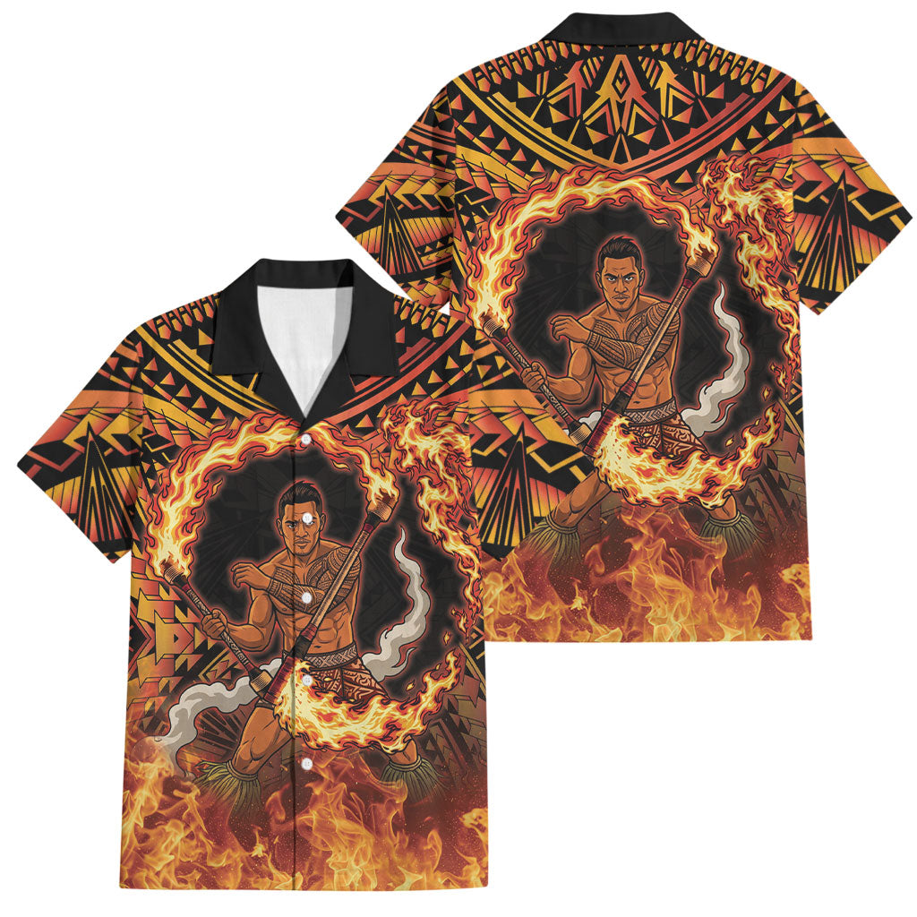 Samoa Siva Afi Dance Fireknife Family Matching Short Sleeve Bodycon Dress and Hawaiian Shirt Samoan Tribal Motif Dancing in the Fire